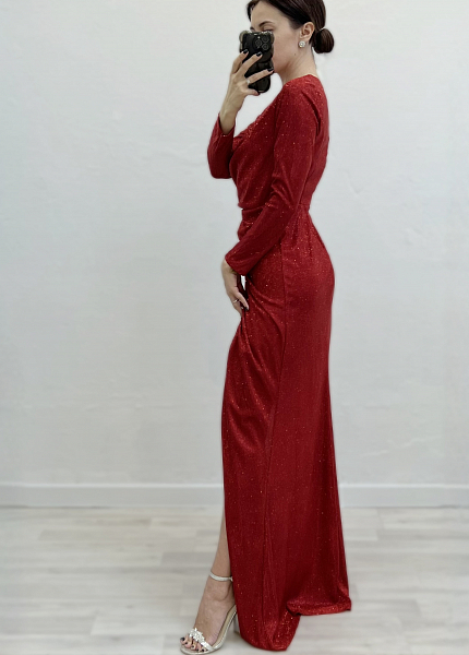 Прокат платья Красное блестящее макси на запах Брют для фотосессии и мероприятия в Омске