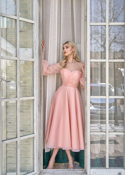 Прокат платья Розовое миди с рукавами Жаклин для фотосессии и мероприятия в Омске