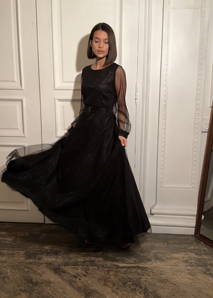Прокат платья Чёрное блестящее макси с прозрачным рукавом Джози для фотосессии и мероприятия в Омске