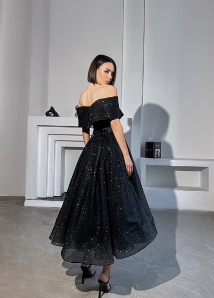 Прокат платья Чёрное миди с приспущенными плечиками Рейчел Блеск для фотосессии и мероприятия в Омске