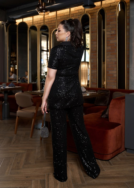 Прокат платья Черный блестящий костюм двойка жакет и брюки Мэнди для фотосессии и мероприятия в Омске